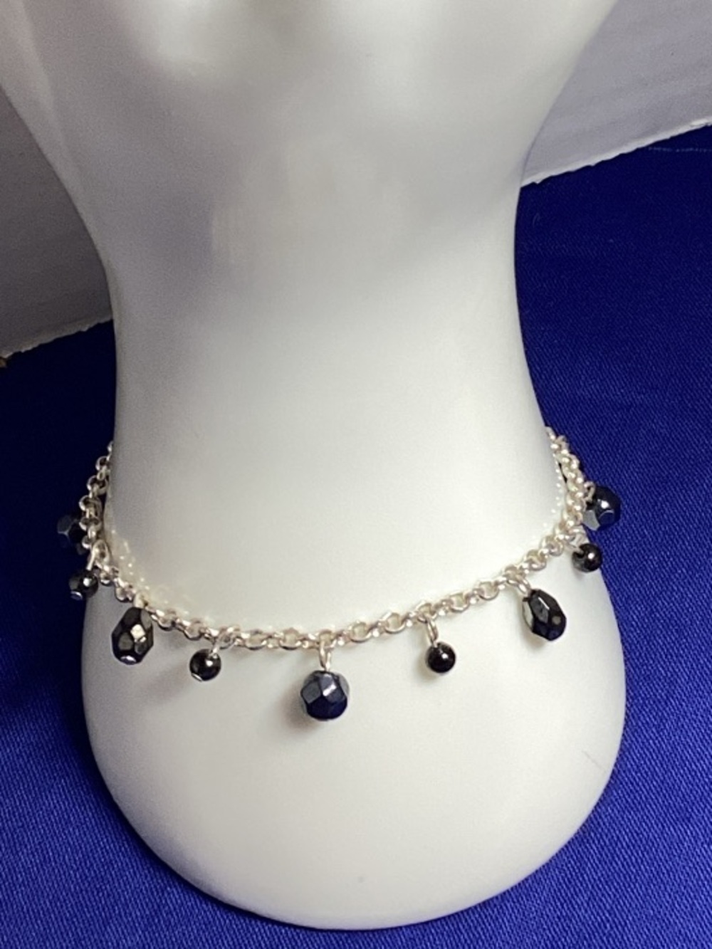 Silver Chain Bracelet with Black Bead Charms